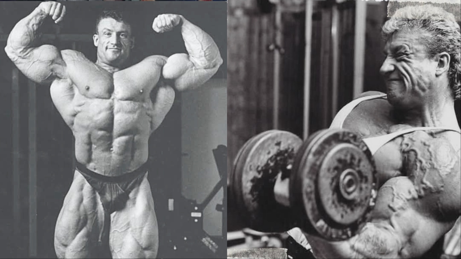 Um homem musculoso, Dorian Yates, segurando um halter para realizar exercícios de bíceps