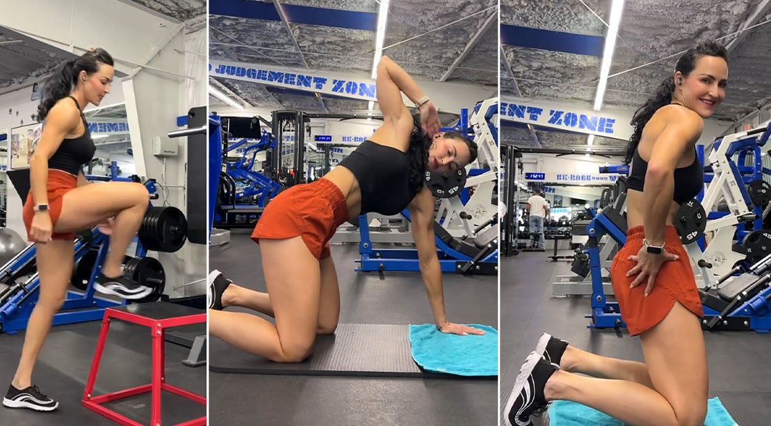 Mulher em movimento, com pernas levantadas e braços estendidos, realizando exercícios com cabos em um treino de agilidade