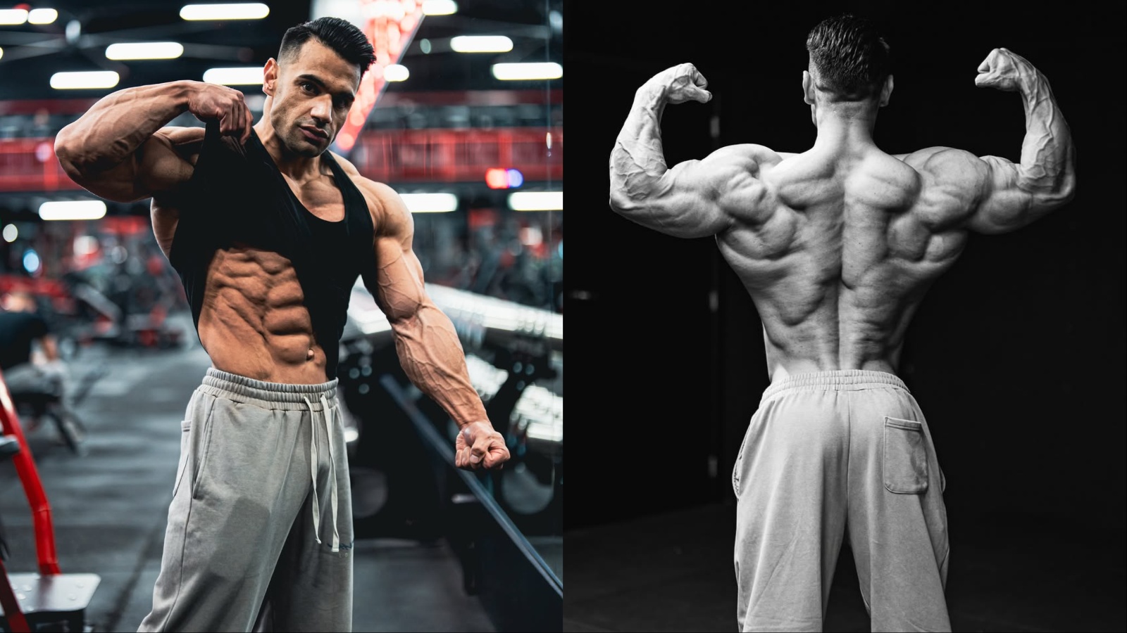Ali Bilal exibe musculatura definida e vascularizada em pose de fisiculturismo sob luz intensa de academia