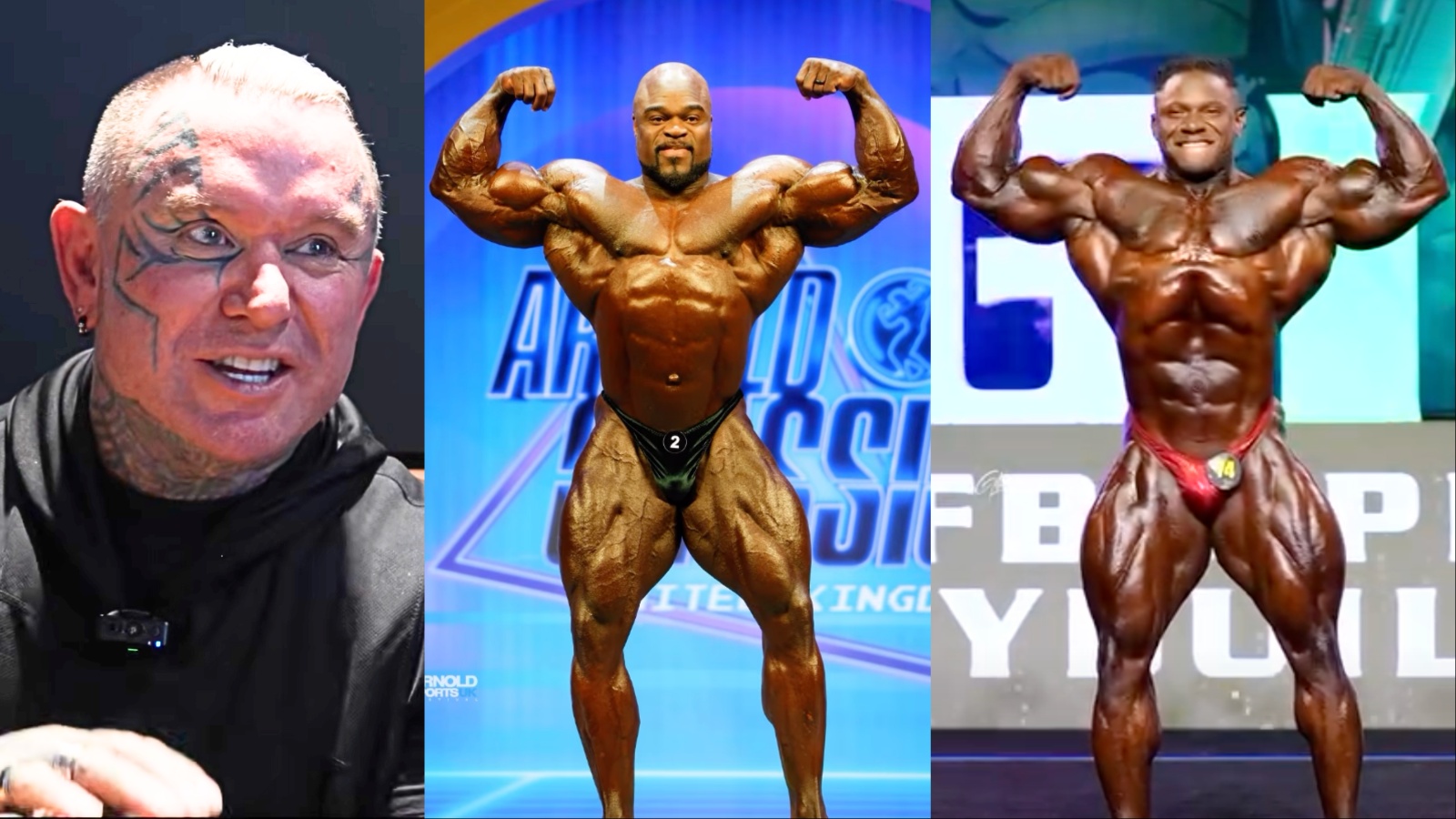 Fisiculturista musculoso posando sob luzes de palco, exibindo definição muscular extrema e vascularização acentuada