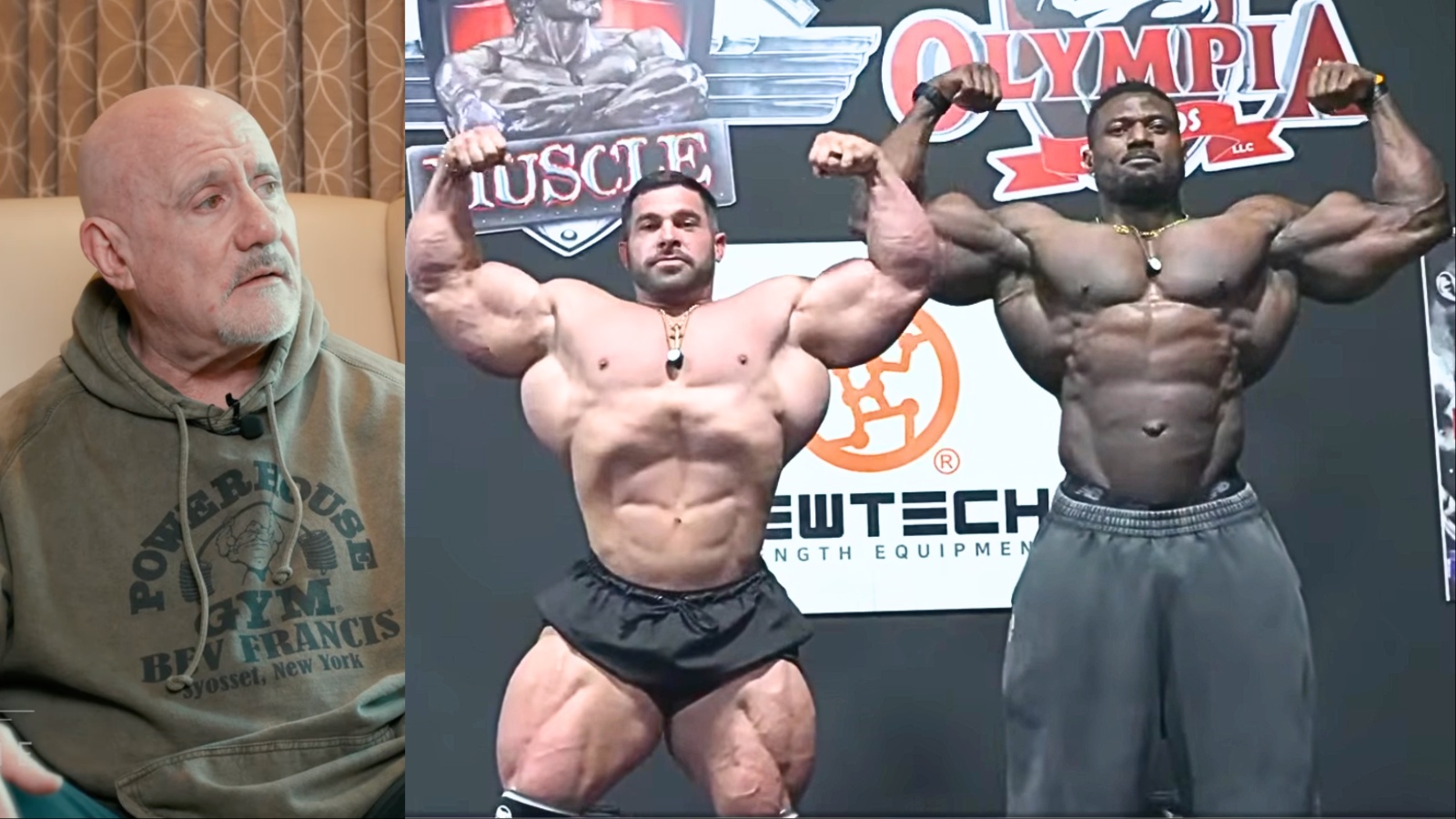 Fisiculturista profissional posando sob luzes intensas em palco de competição, exibindo musculatura hipertrofiada