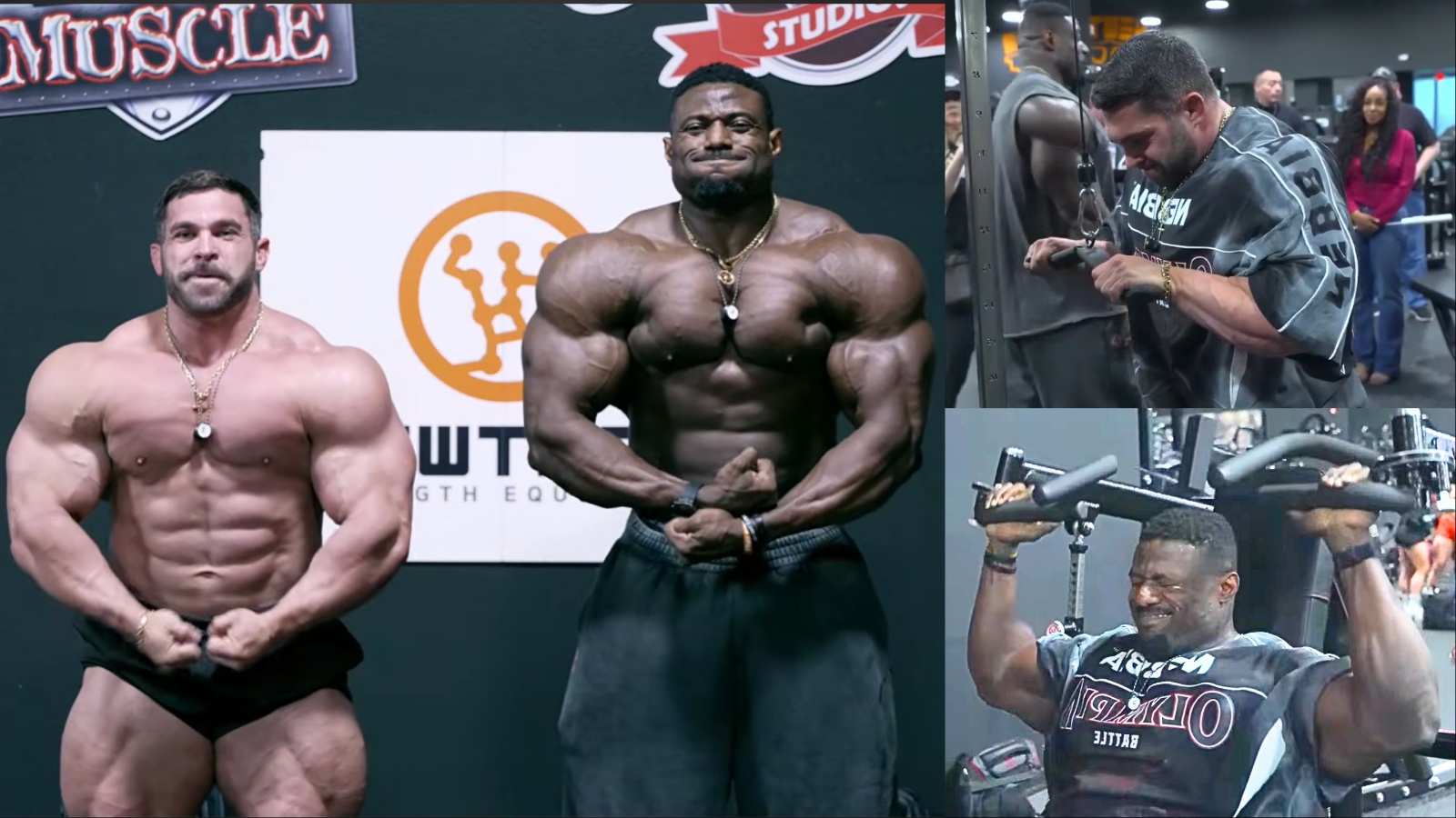 Dois fisiculturistas posando com musculatura hipertrofiada em um palco de competição sob luzes intensas