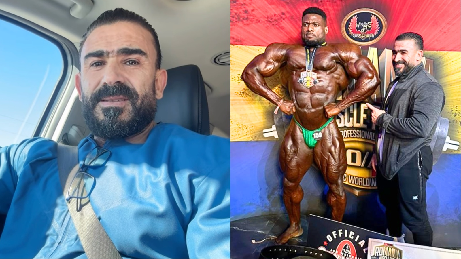 Fisiculturista profissional posando em palco iluminado, exibindo musculatura hipertrofiada com foco em simetria