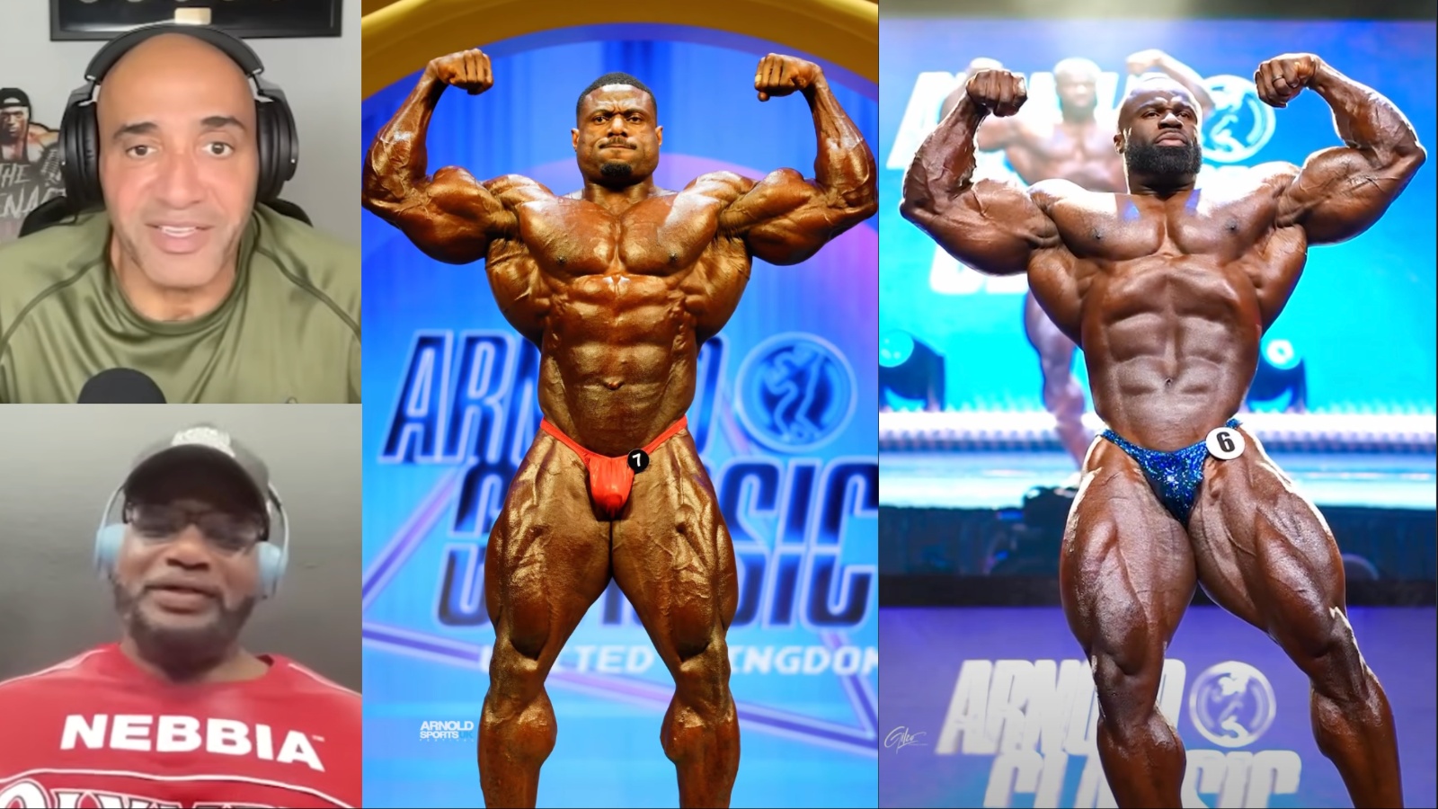 Atleta fisiculturista posando sob luzes intensas em palco, evidenciando volume muscular, definição e simetria extrema