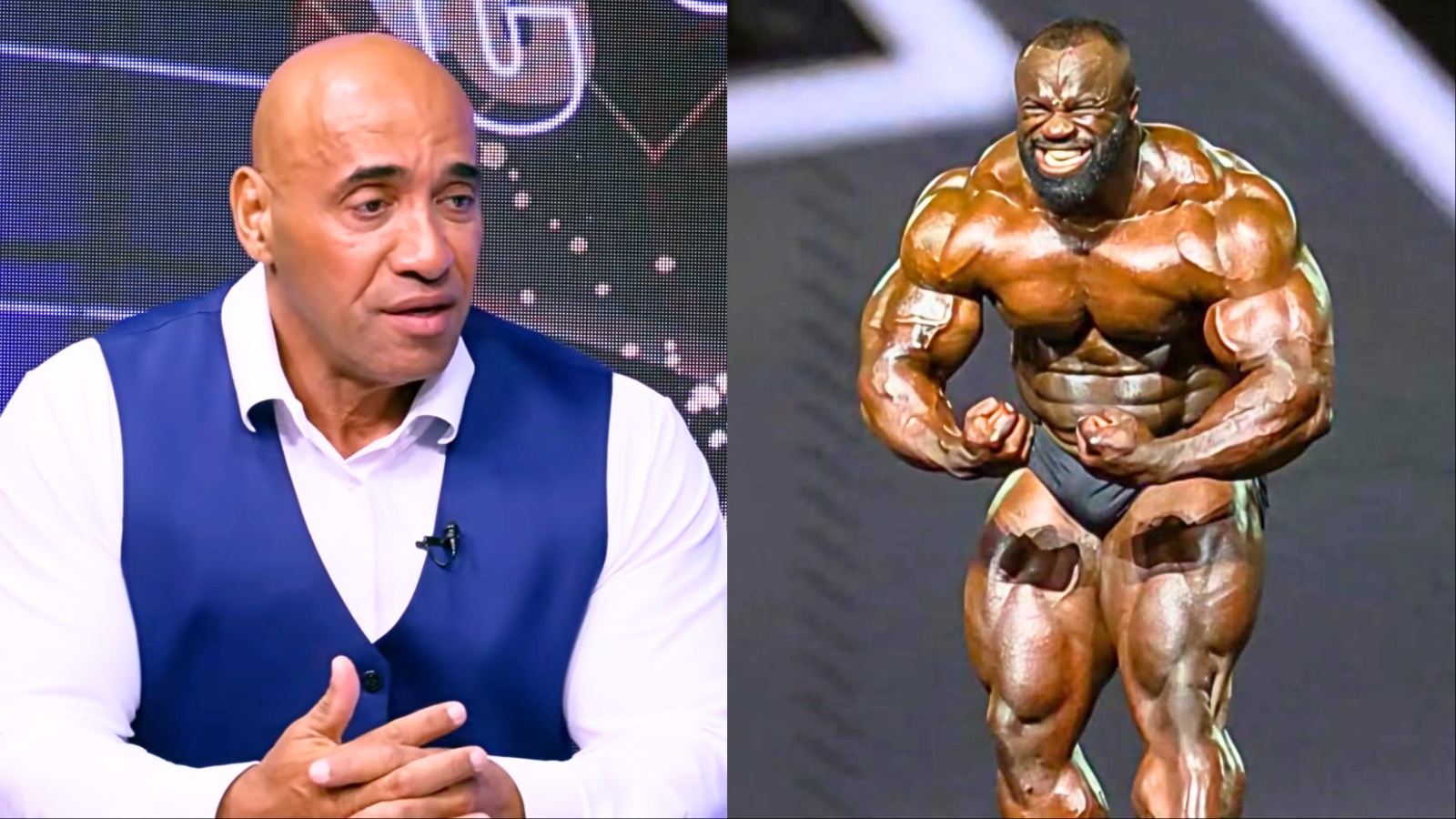 Fisiculturista posando no palco destacando volume muscular e definição em comparação aos padrões dos anos 90