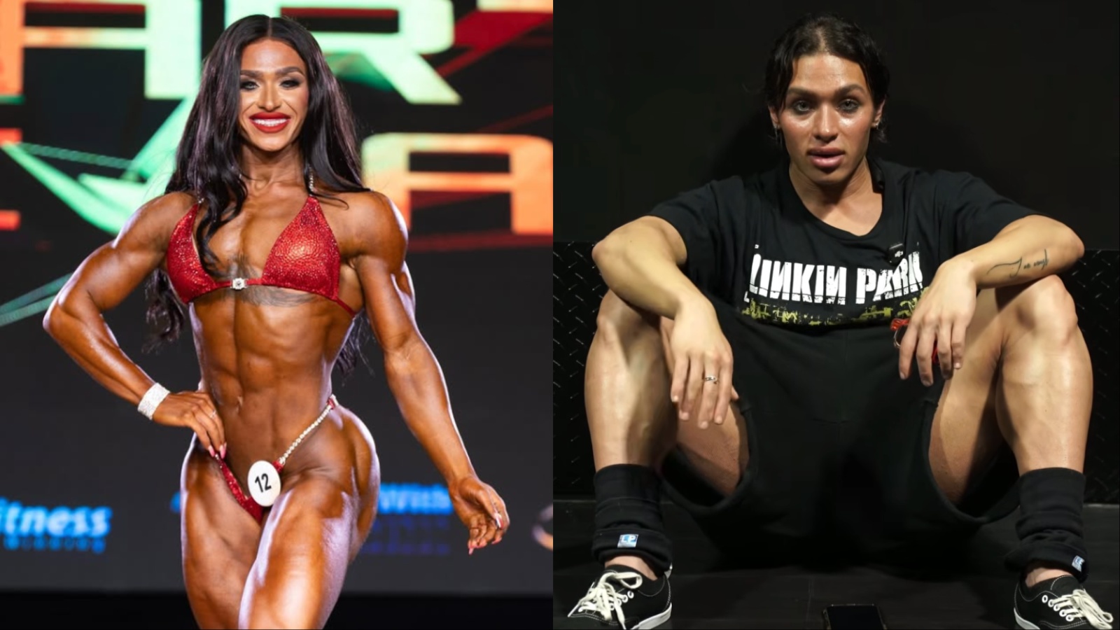 Atleta fitness posando em academia com halteres e suplementos, transmitindo foco, disciplina e bem-estar físico