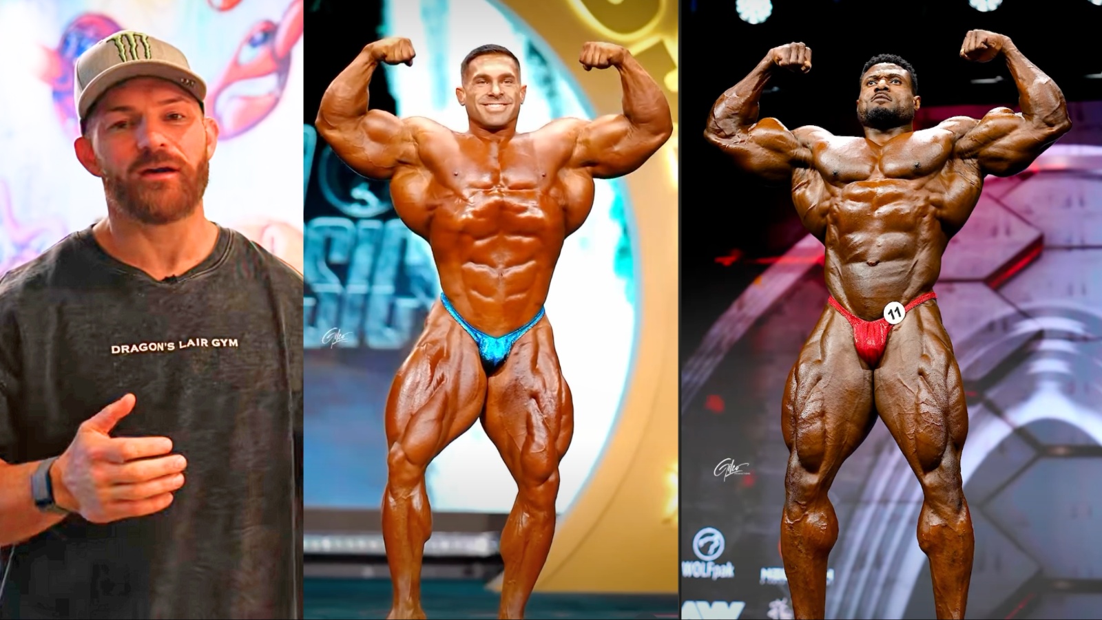 Flex Lewis com Derek Lunsford, Samson Dauda e Nick Walker, todos em trajes de competição no palco do Mr. Olympia