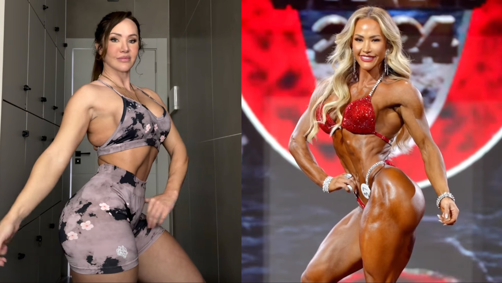 Francielle Mattos em close, vestindo roupa de compressão, segurando halteres e um copo de shake verde ao lado de um cronômetro