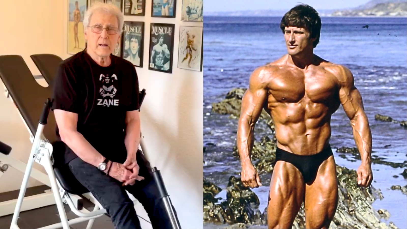 Frank Zane supervisiona atleta levantando barra no banco, postura correta, pesos 20kg, academia bem iluminada