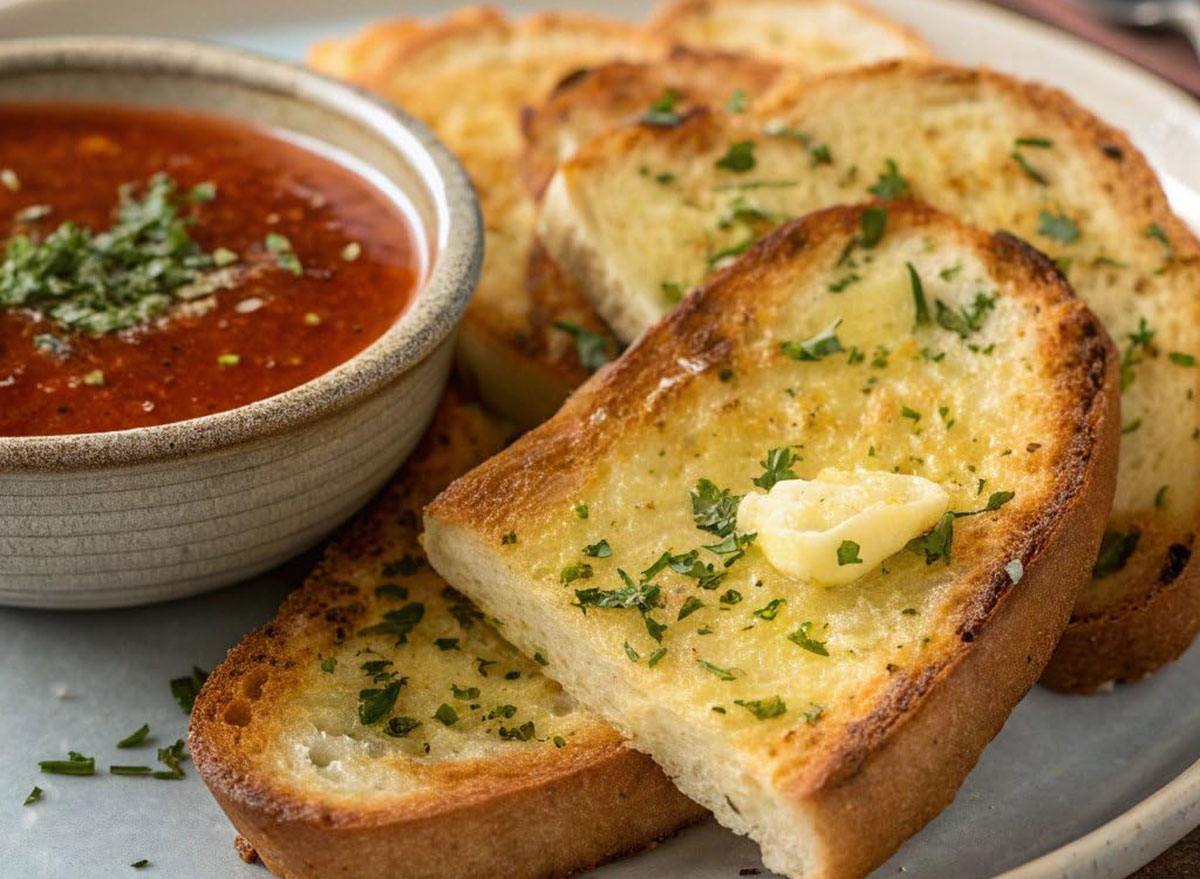 Prato com fatias de garlic bread congelado ao lado de salada verde, peito de frango grelhado e garrafa d'água