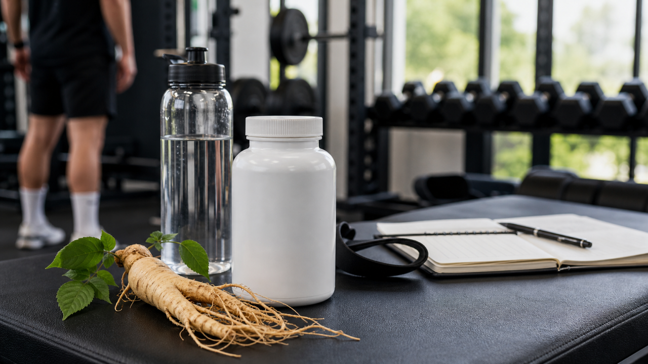 Atleta bebendo um suplemento de ginseng em pó misturado em uma garrafa esportiva ao lado de halteres na academia