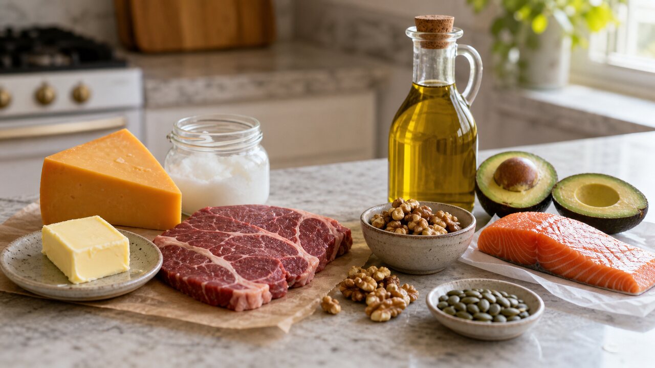Mãos segurando um pedaço de manteiga ao lado de um abacate, castanhas e um prato de salada com azeite