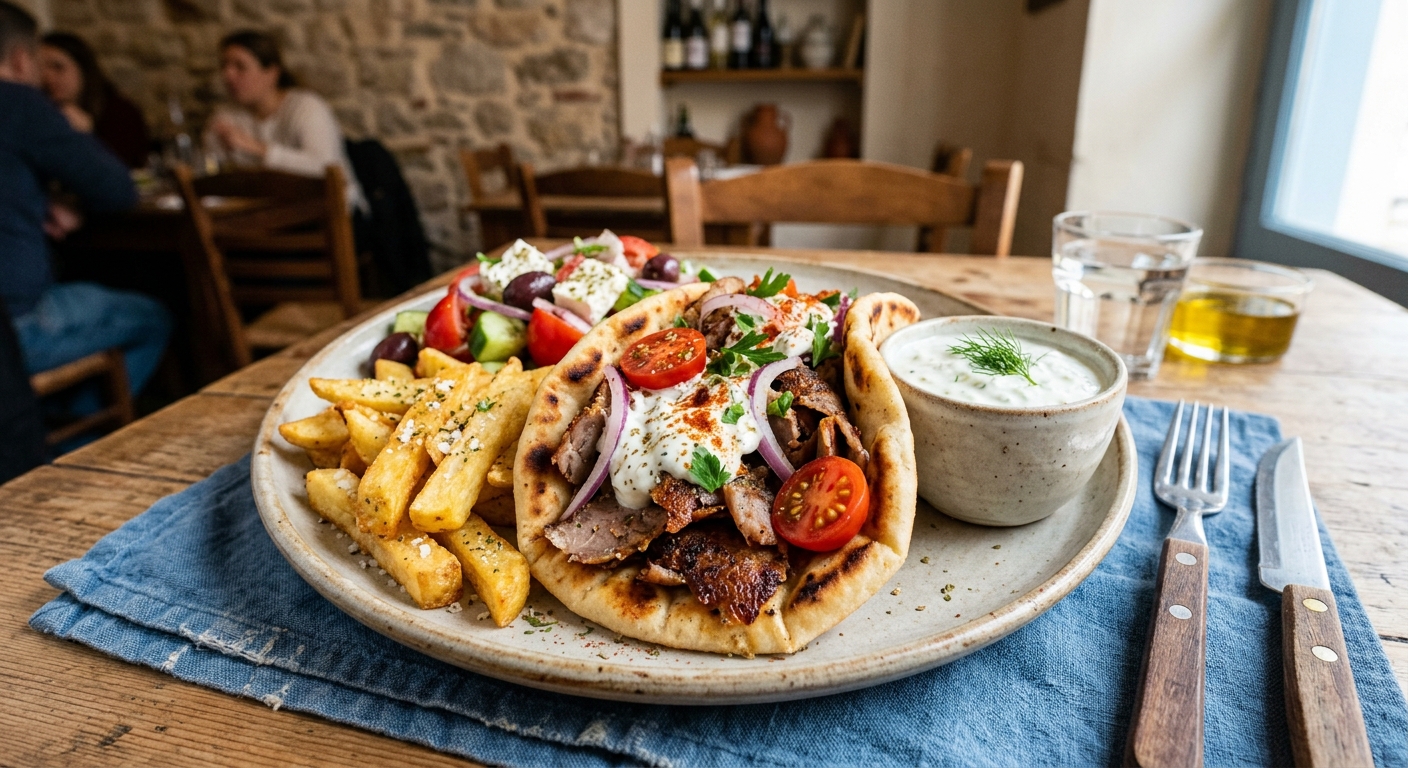 Um pão pita macio, carne de frango temperada e vegetais crocantes em uma fatia de gyro