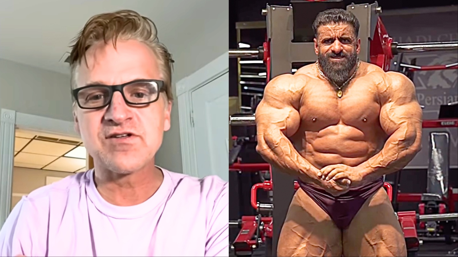 Um corpo musculado com músculos definidos e um grande prêmio Mr. Olympia ao fundo