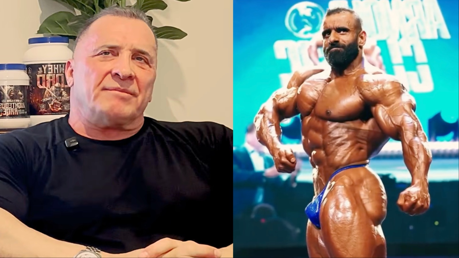 Hadi Choopan realizando um treino intenso de musculação com halteres pesados em uma academia de alto desempenho