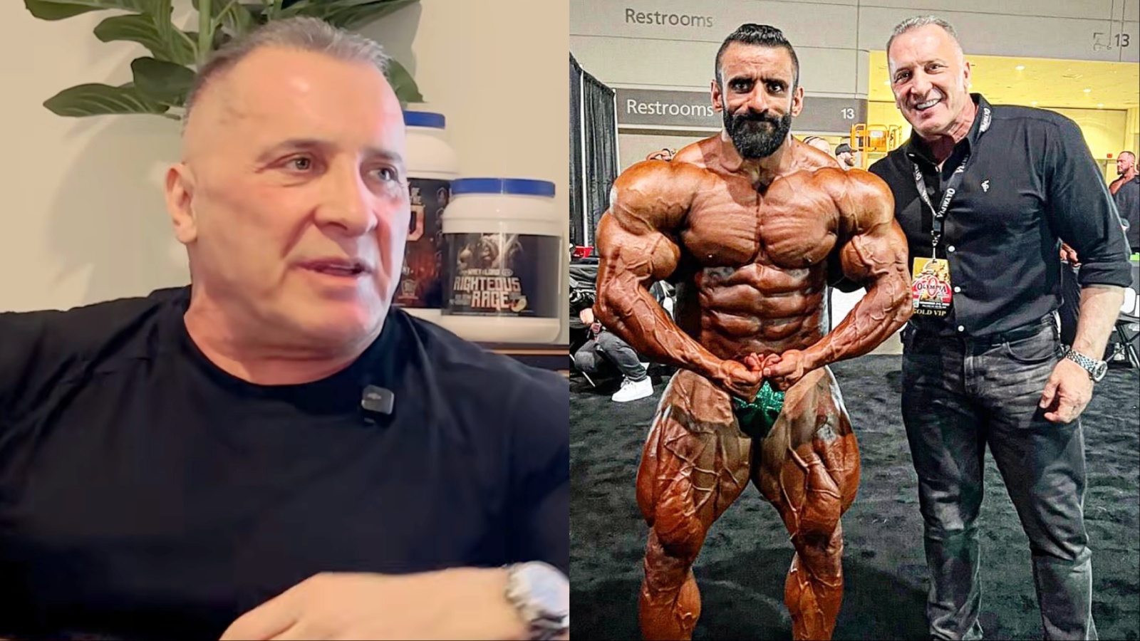 Hadi Choopan posando com físico definido em academia, ao lado de Milos Sarcev analisando sua postura e musculatura