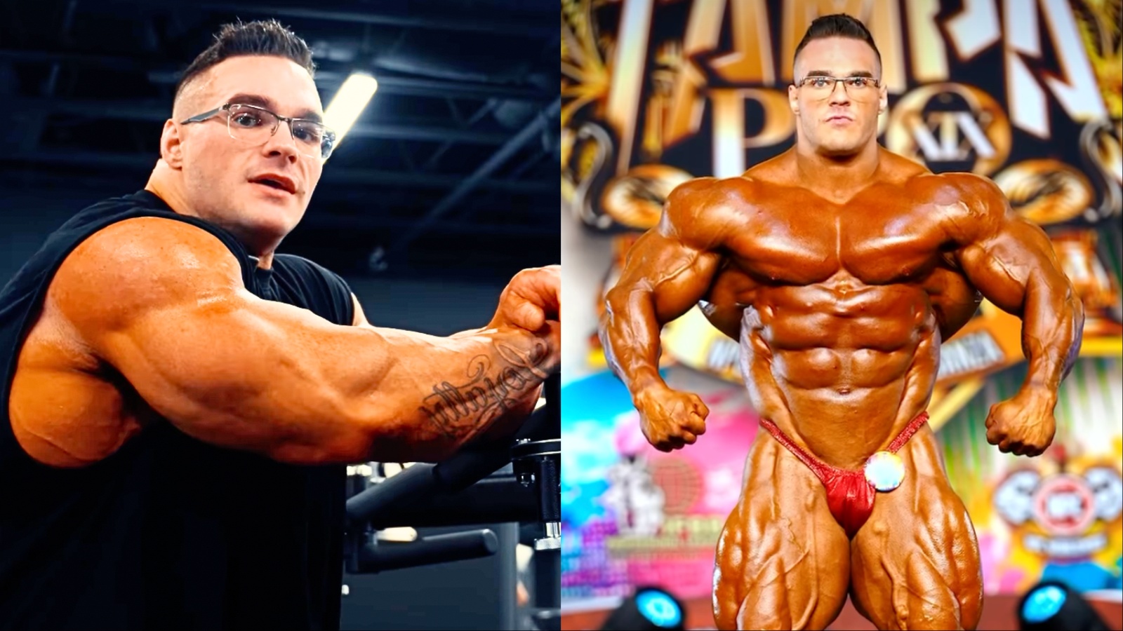 Biceps flexionando sobre halteres, ao lado de tigela de whey e batata doce, refletindo carga e volume