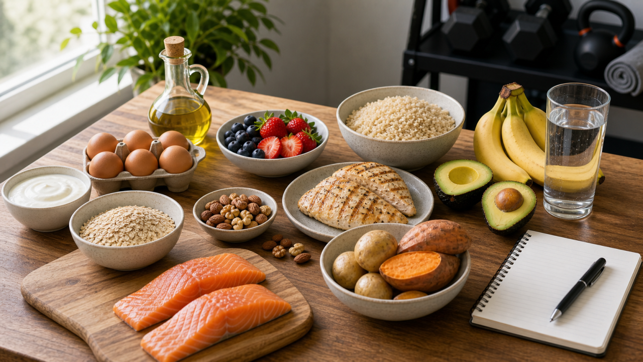Pessoa praticando levantamento de peso ao lado de marmitas saudáveis com proteínas e vegetais em uma cozinha moderna
