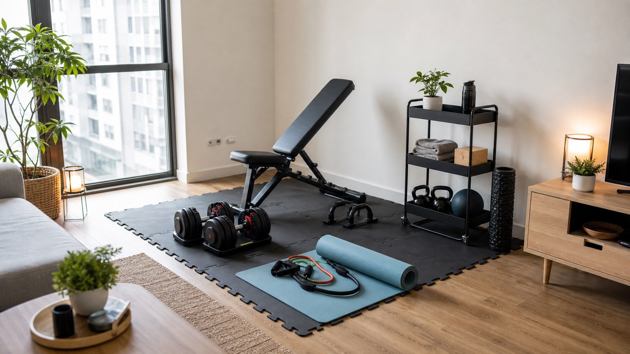Halteres ajustáveis, tapete de yoga dobrável e elásticos de resistência organizados em um canto de sala iluminada