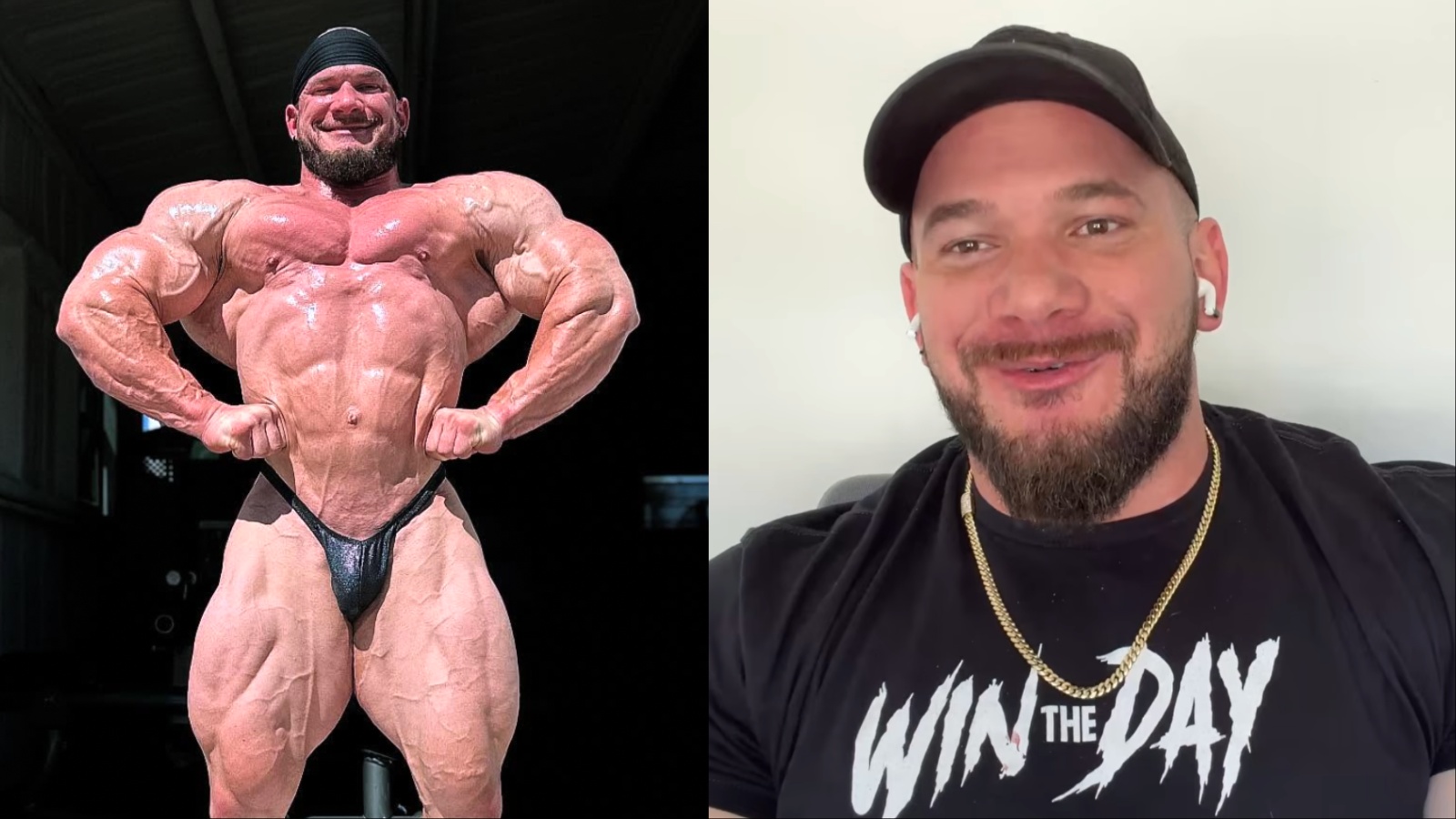 Um homem musculoso, com peito e braços definidos, segurando um prato com frango grelhado e vegetais, ao fundo uma academia com equipamentos de treino