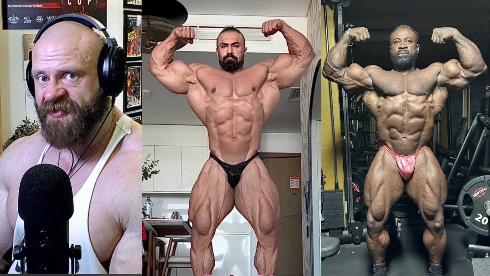 Um atleta muscular com um prato de frango grelhado e vegetais saudáveis ao lado de uma bicicleta de treino