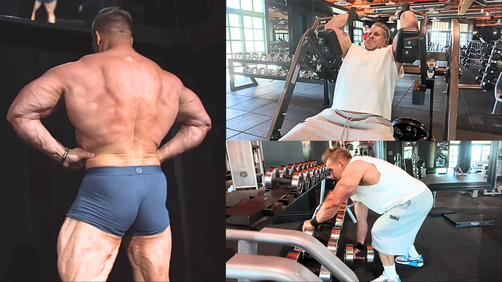 Jay Cutler realizando remada alta com barra, ao lado de um shake de whey e uma fita métrica mostrando progresso