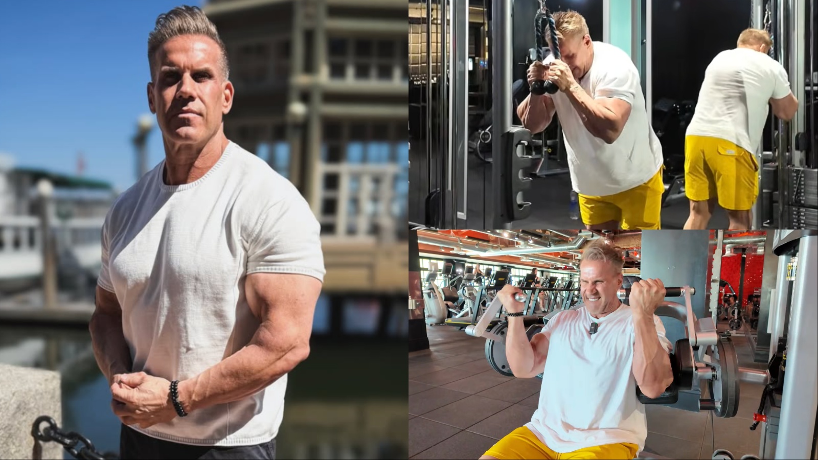 Um homem musculoso com braços desenvolvidos e uma barra de peso em mãos, ao lado de um frasco de suplemento de proteína