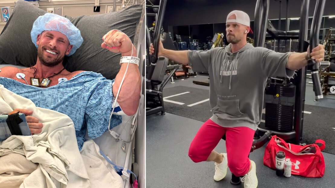 Joey Swoll faz supino leve com halteres, usando faixa de frequência cardíaca e garrafa de água ao lado