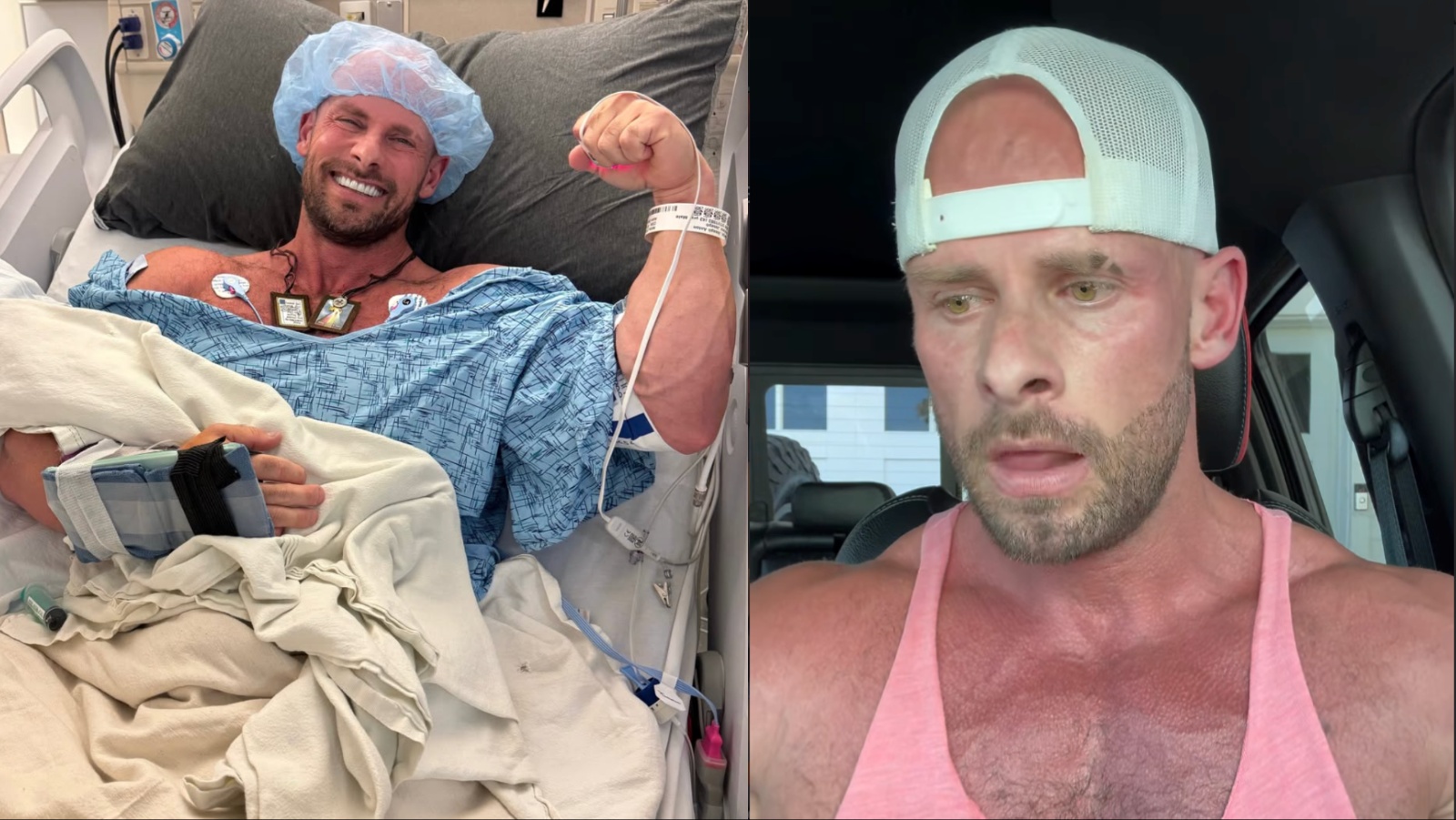 Joey Swoll em roupa de treino, segurando um estetoscópio ao lado de um coração de silicone vermelho