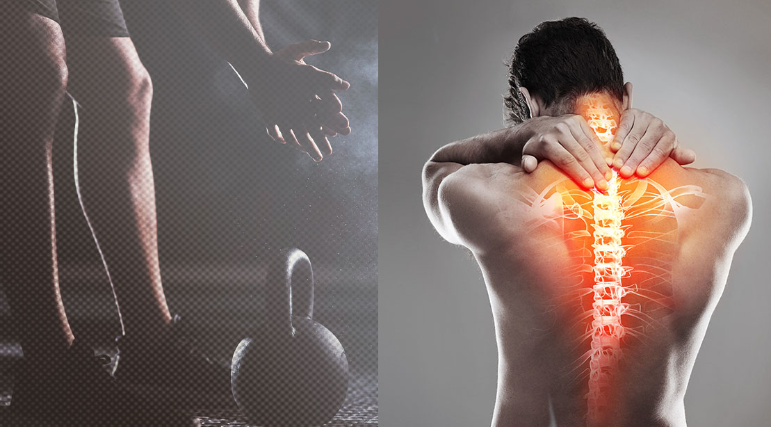 Atleta realizando kettlebell swing com postura alinhada, foco na coluna neutra e execução técnica precisa em academia