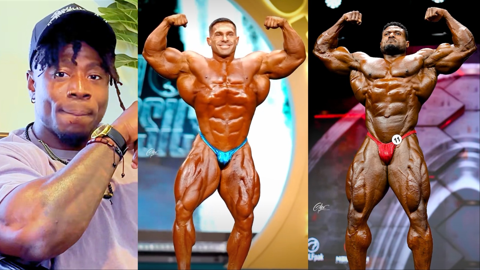 Kyron Holden, musculoso, segurando microfone ao lado de silhuetas de seis fisiculturistas em poses de competição