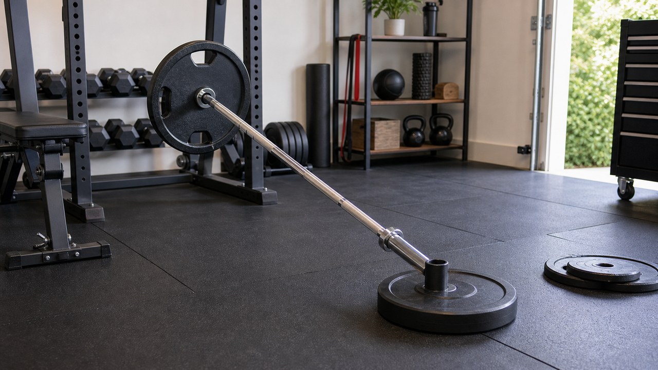 Barra olímpica encaixada em suporte landmine no chão, pronta para treino de força em um home gym bem equipado