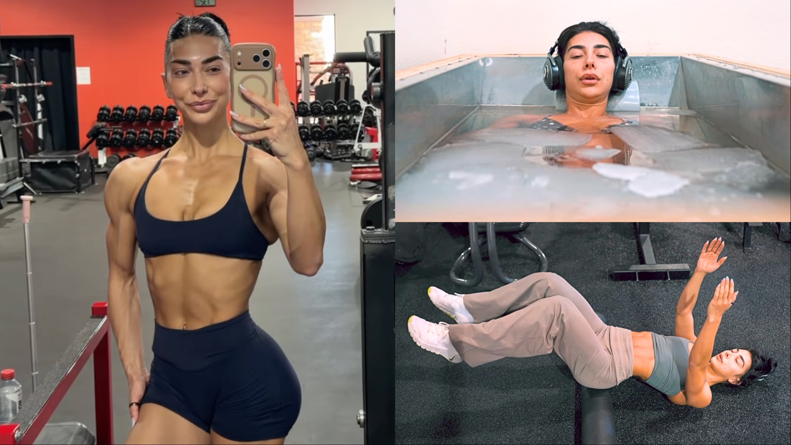 Atleta focada executando prancha abdominal com precisão, exibindo definição muscular e controle neuromuscular intenso