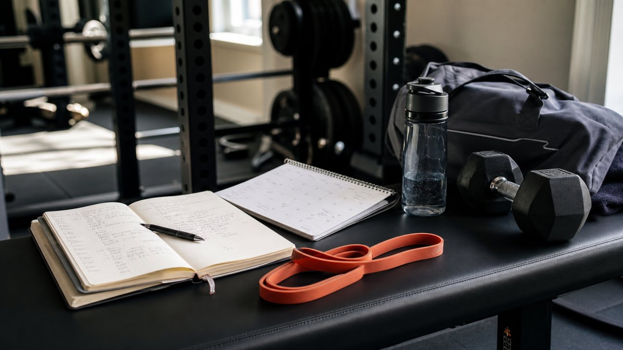 Uma pessoa fazendo flexões com um peso leve em uma sala de treino, com um copo de proteína em pó ao lado