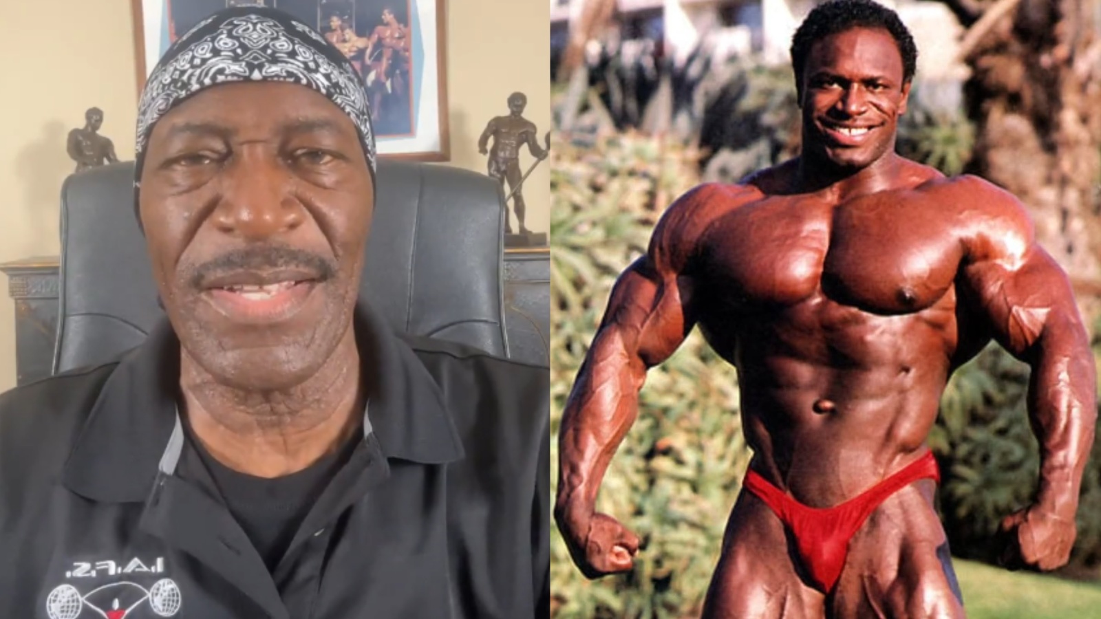 Lee Haney levantando halteres ao lado de um modelo de rim em vidro, rodeado por suplementos e monitor cardíaco