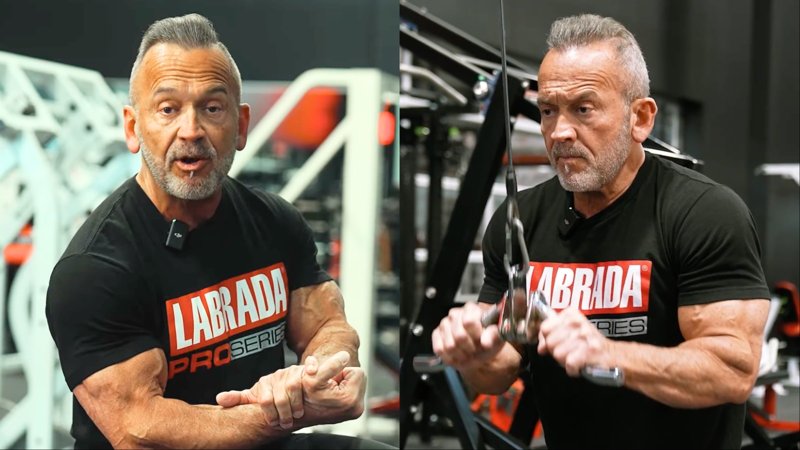 Lee Labrada posando em uma academia moderna, segurando halteres e exibindo físico definido com foco na longevidade