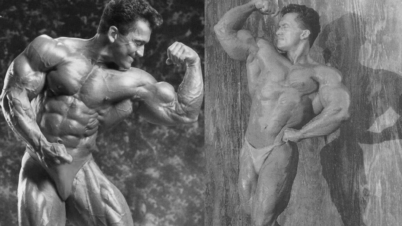 Um atleta masculino fortemente musculado ao lado de pratos de frango grelhado e vegetais