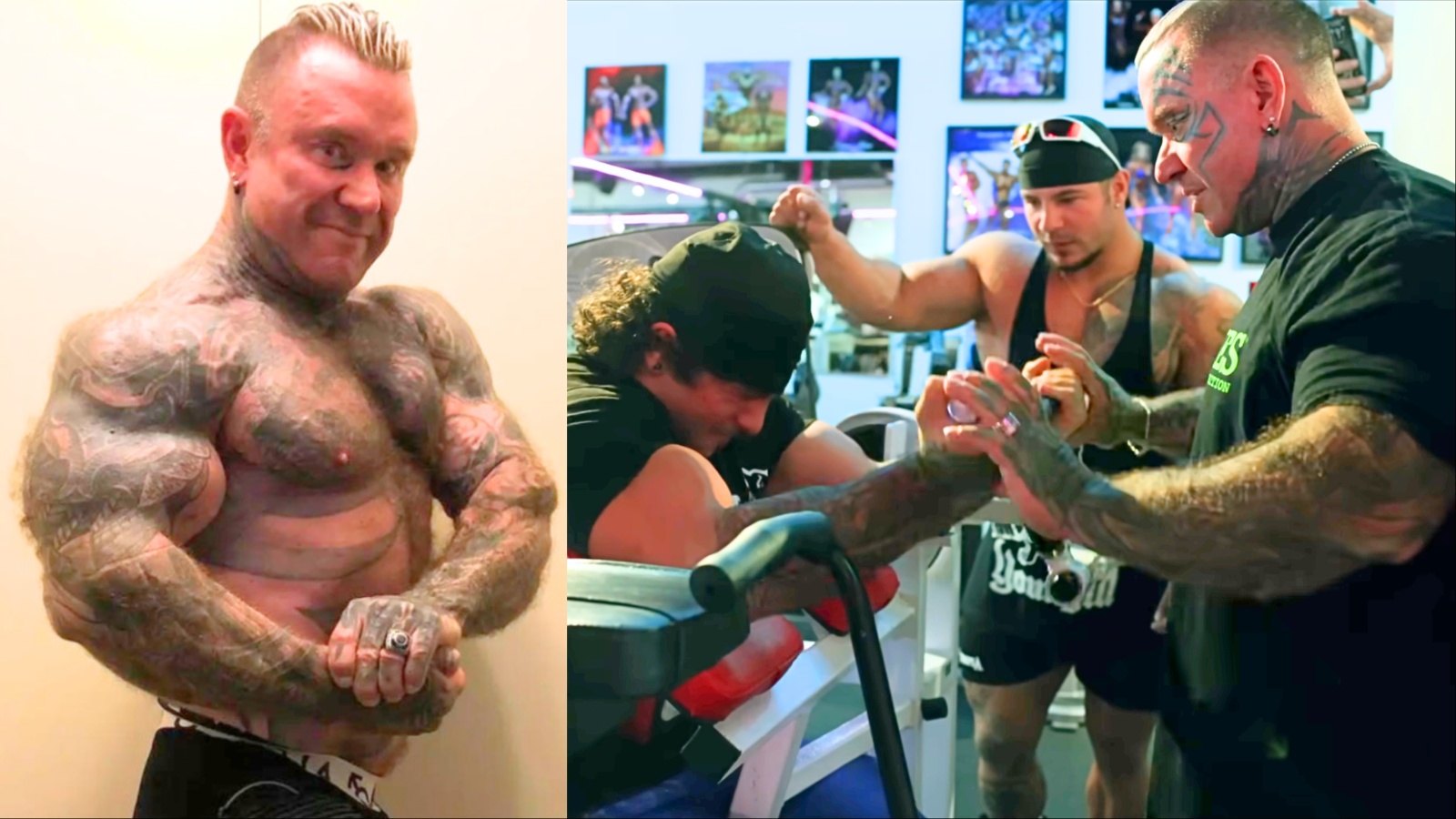 Lee Priest realizando uma rosca direta com halteres pesados, destacando a vascularização e o volume dos seus bíceps
