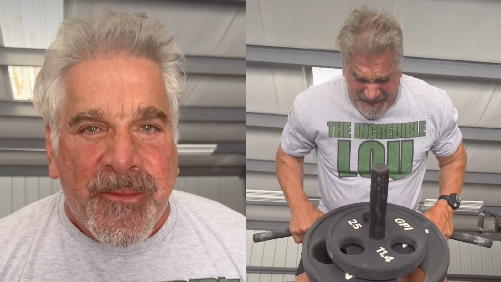 Lou Ferrigno e Arnold Schwarzenegger fazendo T-Bar rows com pesos de ferro