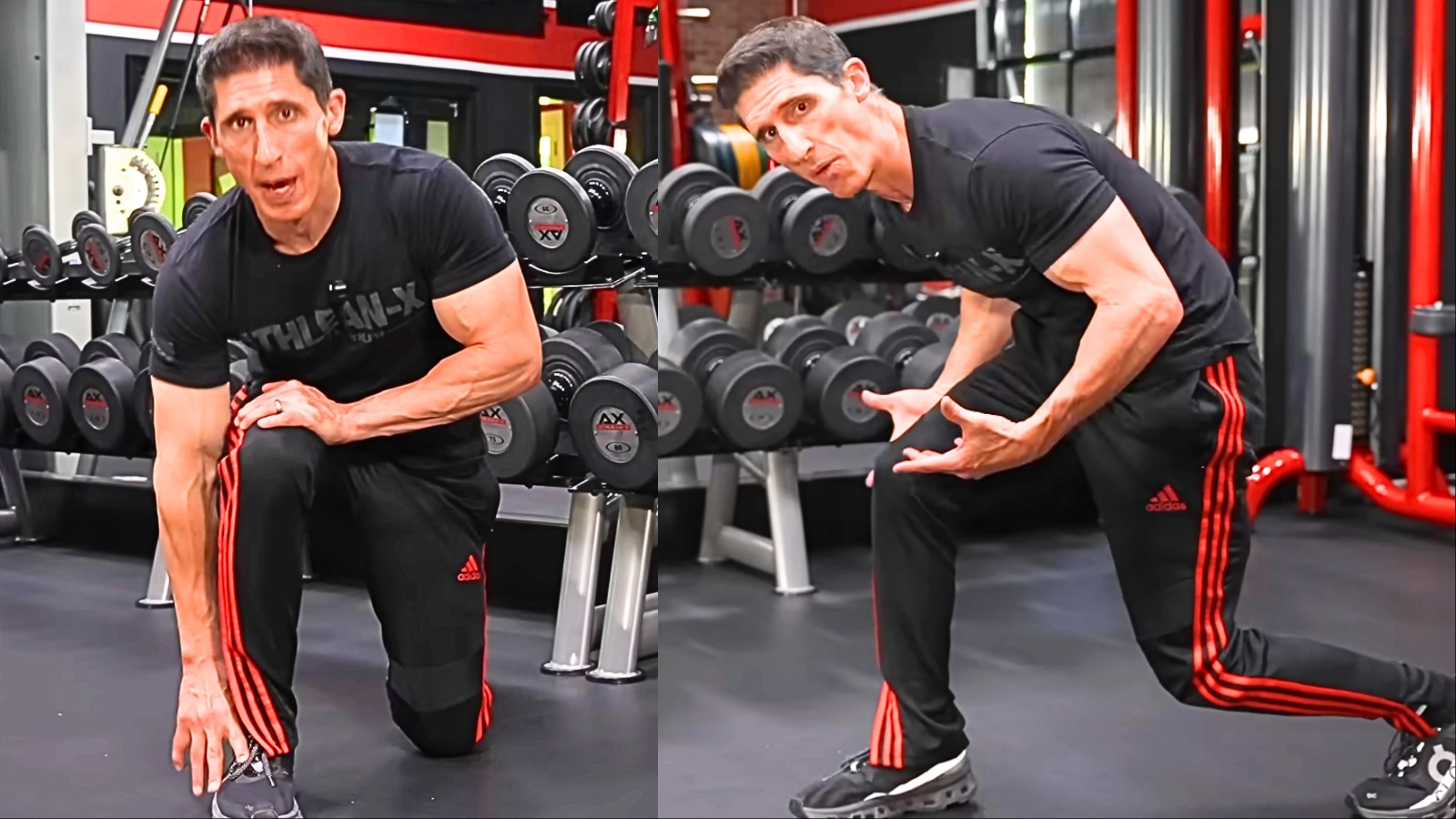 Uma pessoa em pé, com os pés na largura dos quadris, realizando um lunge reverso com um pé para trás e o outro para frente, com os braços estendidos para cima