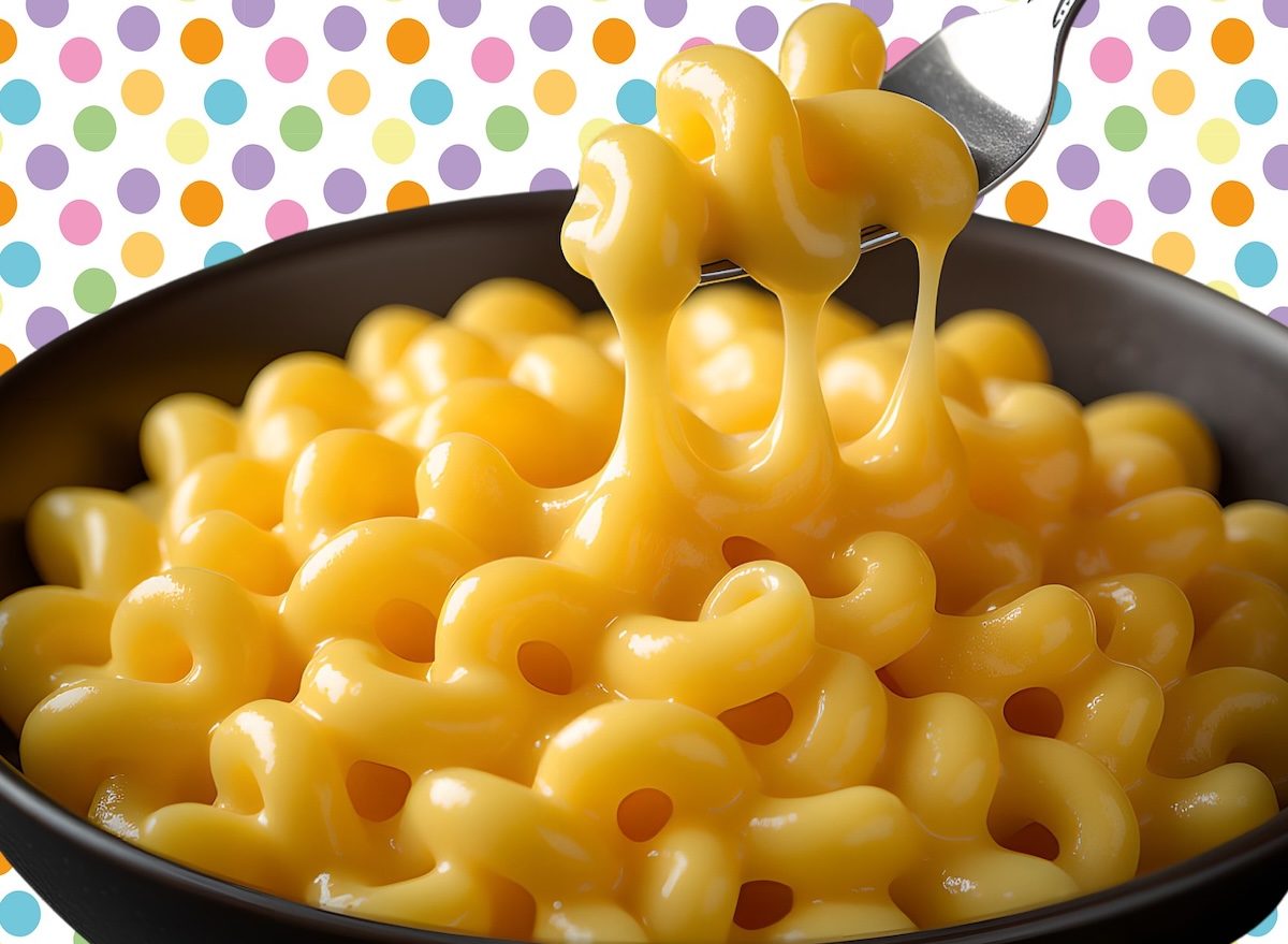 Um prato de mac and cheese com massa fina, queijo derretido e vegetais frescos