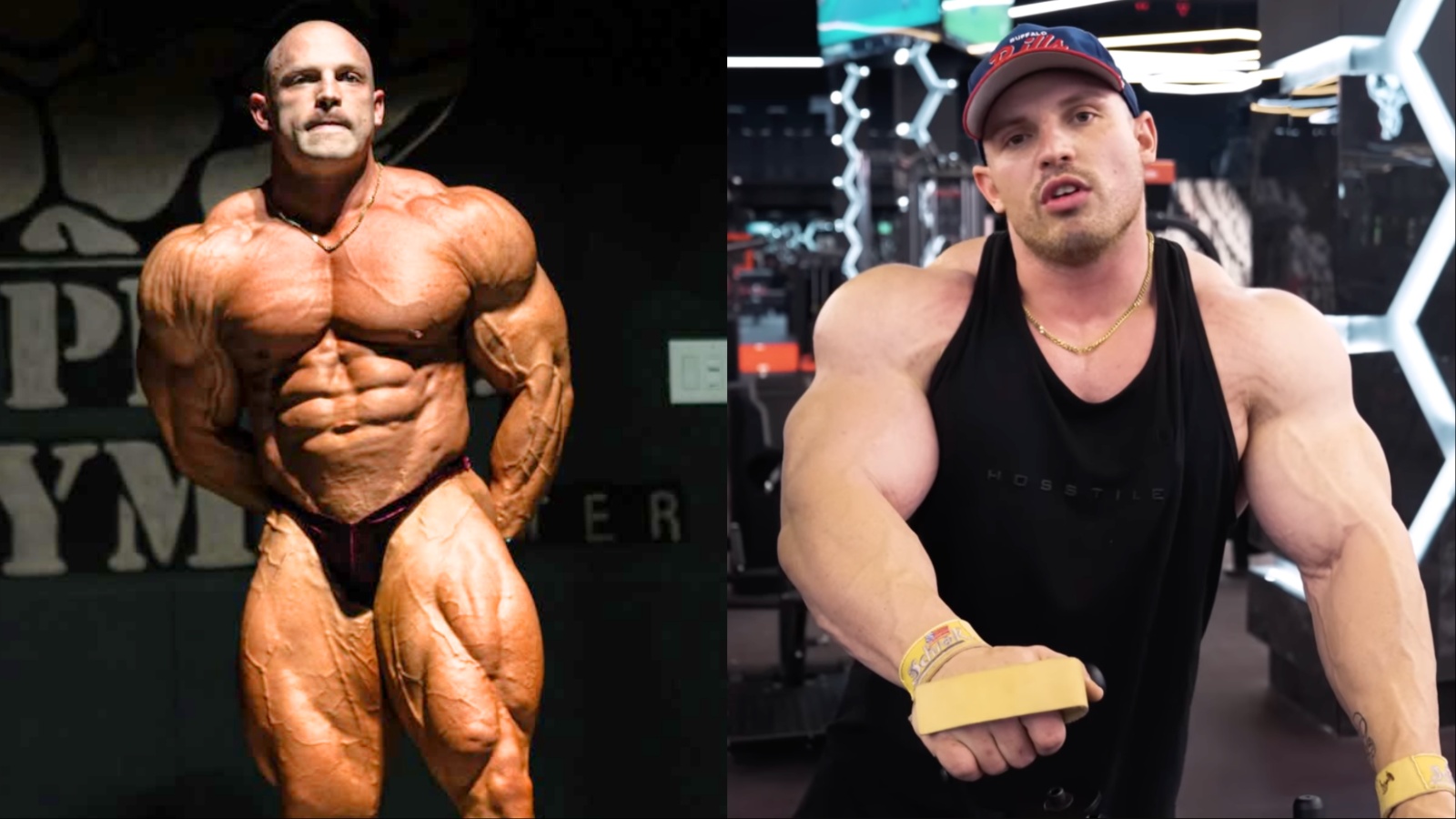 Fisiculturista musculoso posando em academia com halteres e equipamentos de treino ao fundo, exibindo físico definido
