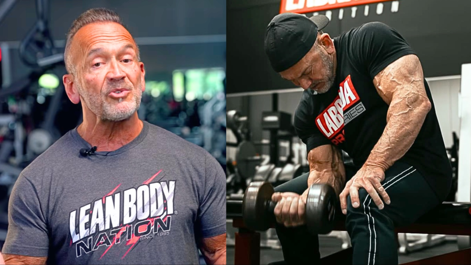 Homem de 45 anos levantando halteres em academia, vestindo roupa esportiva, ao lado de um copo de proteína e um cronômetro