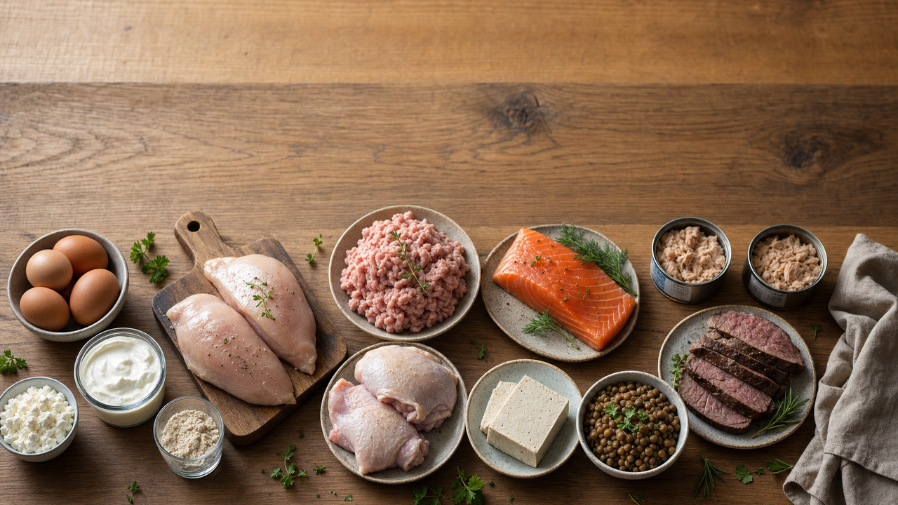 Prato com peito de frango grelhado, ovos cozidos e feijão ao lado de uma balança de cozinha e halteres sobre a mesa