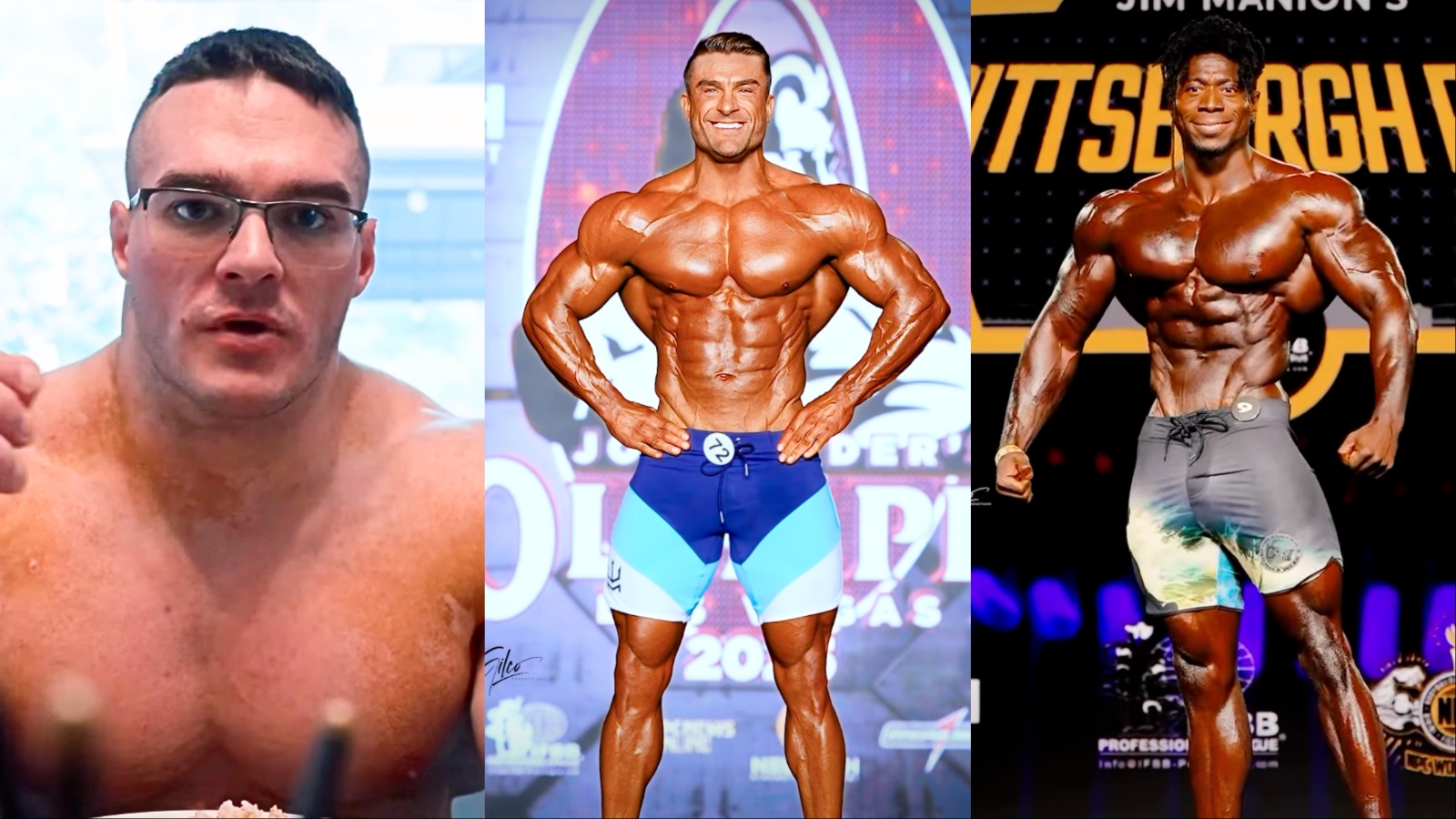 Atleta masculino em pose de competição, com músculos definidos, segurando uma garrafa de whey, ao fundo palco iluminado do Olympia