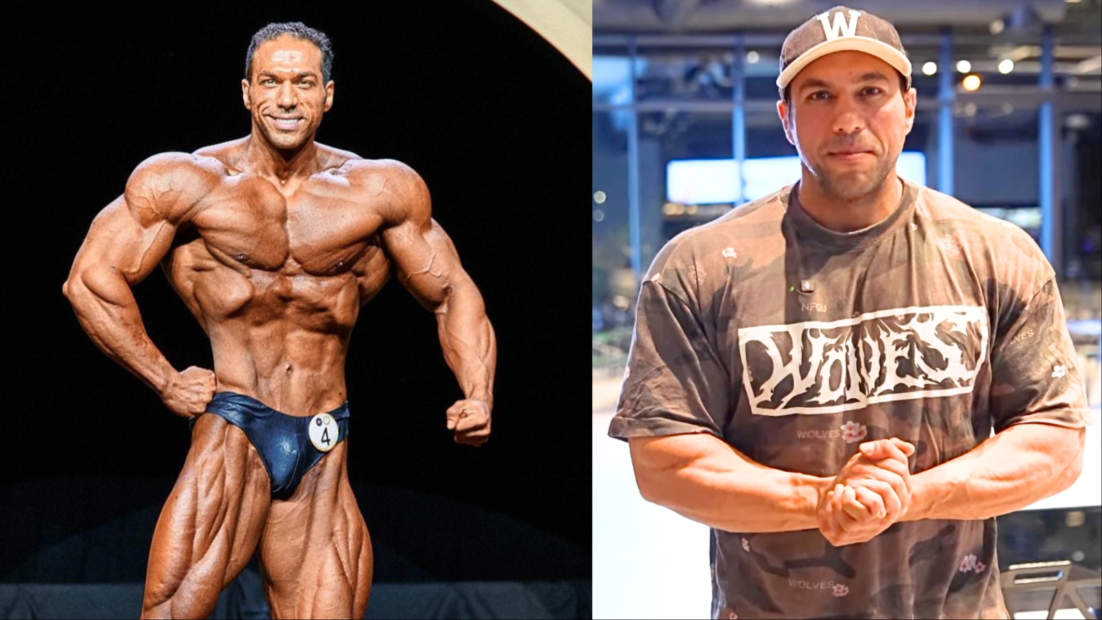 Michael Daboul em pose de classic physique, luz de palco, troféu ao lado e letreiro de Las Vegas ao fundo
