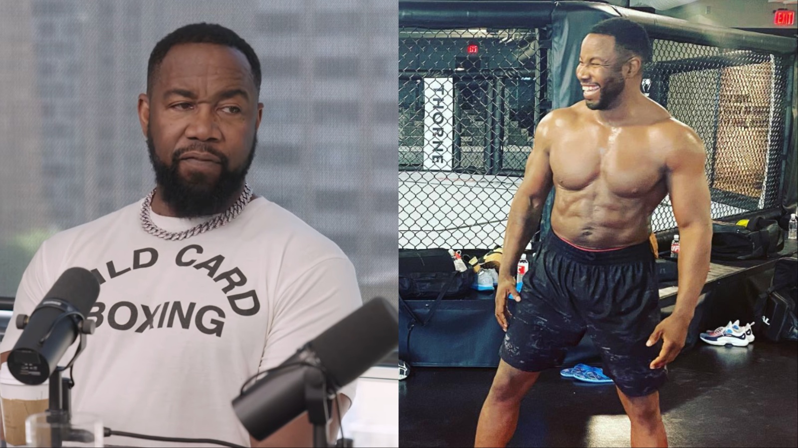 Michael Jai White levantando halteres pesados em uma academia moderna, exibindo braços definidos e foco intenso