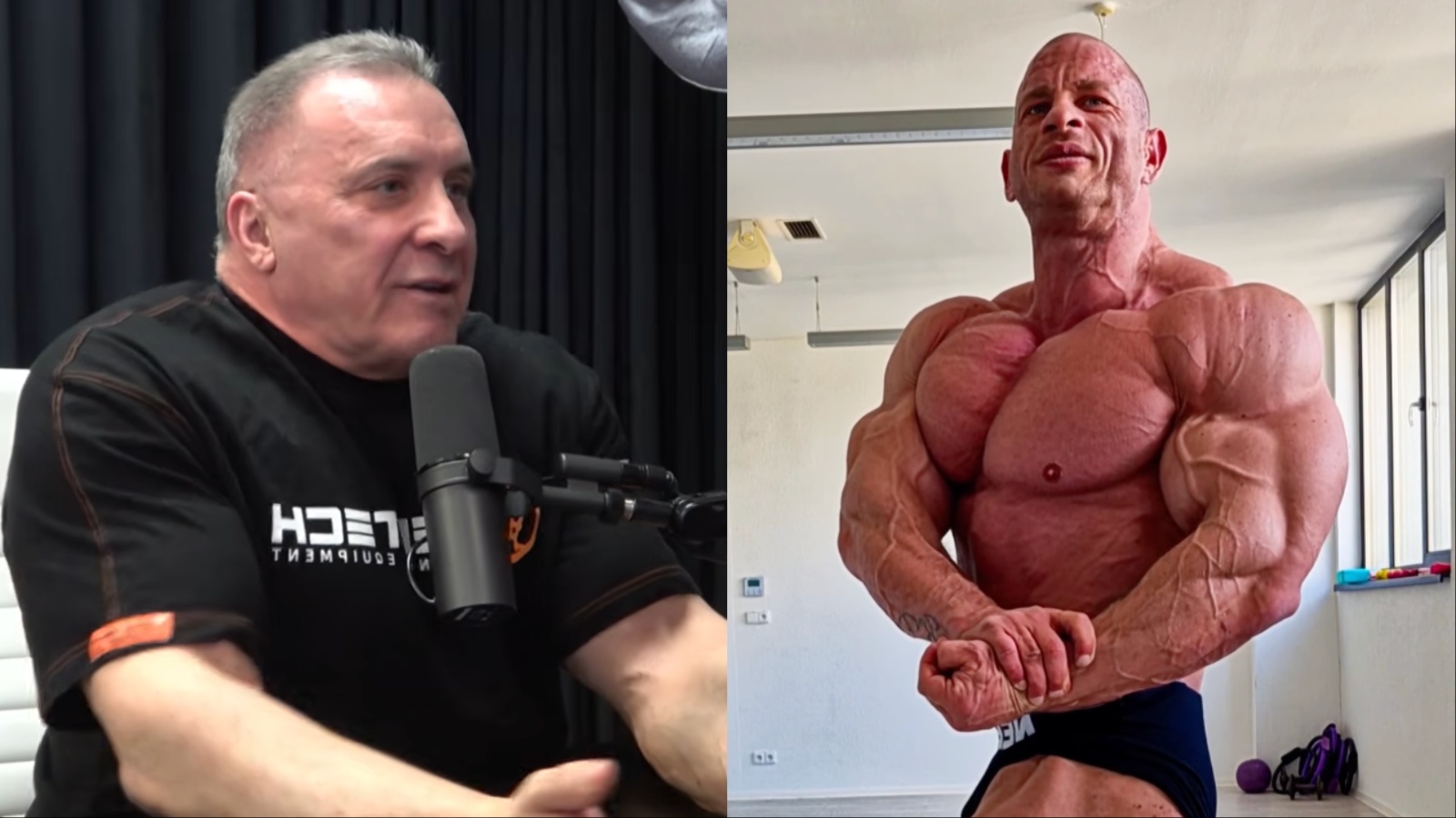 Michal Krizo exibindo seu físico musculoso e definido em uma pose clássica de fisiculturismo no palco de competição