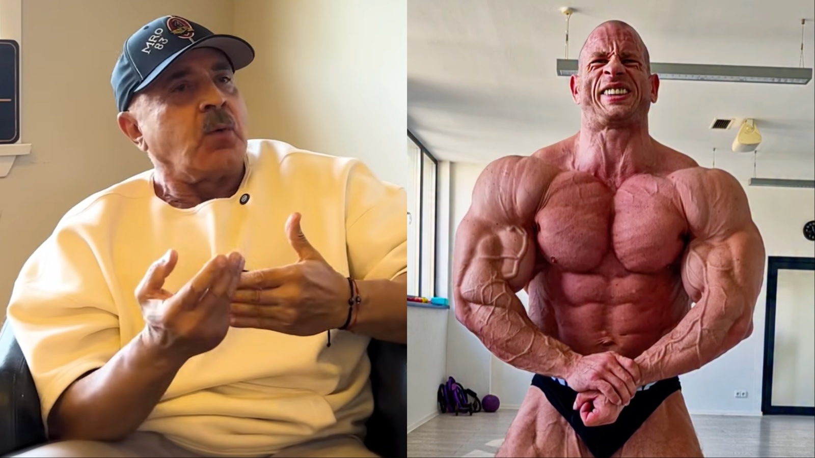 Michal Krizo posando em um palco de fisiculturismo, exibindo volume muscular extremo e definição em pose de bíceps