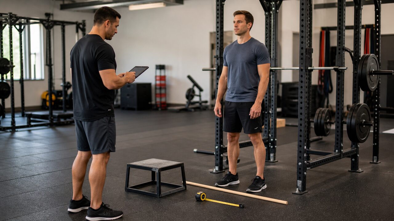 Um atleta em movimento funcional, executando um squat com peso, enquanto um treinador observa sua postura e alinhamento
